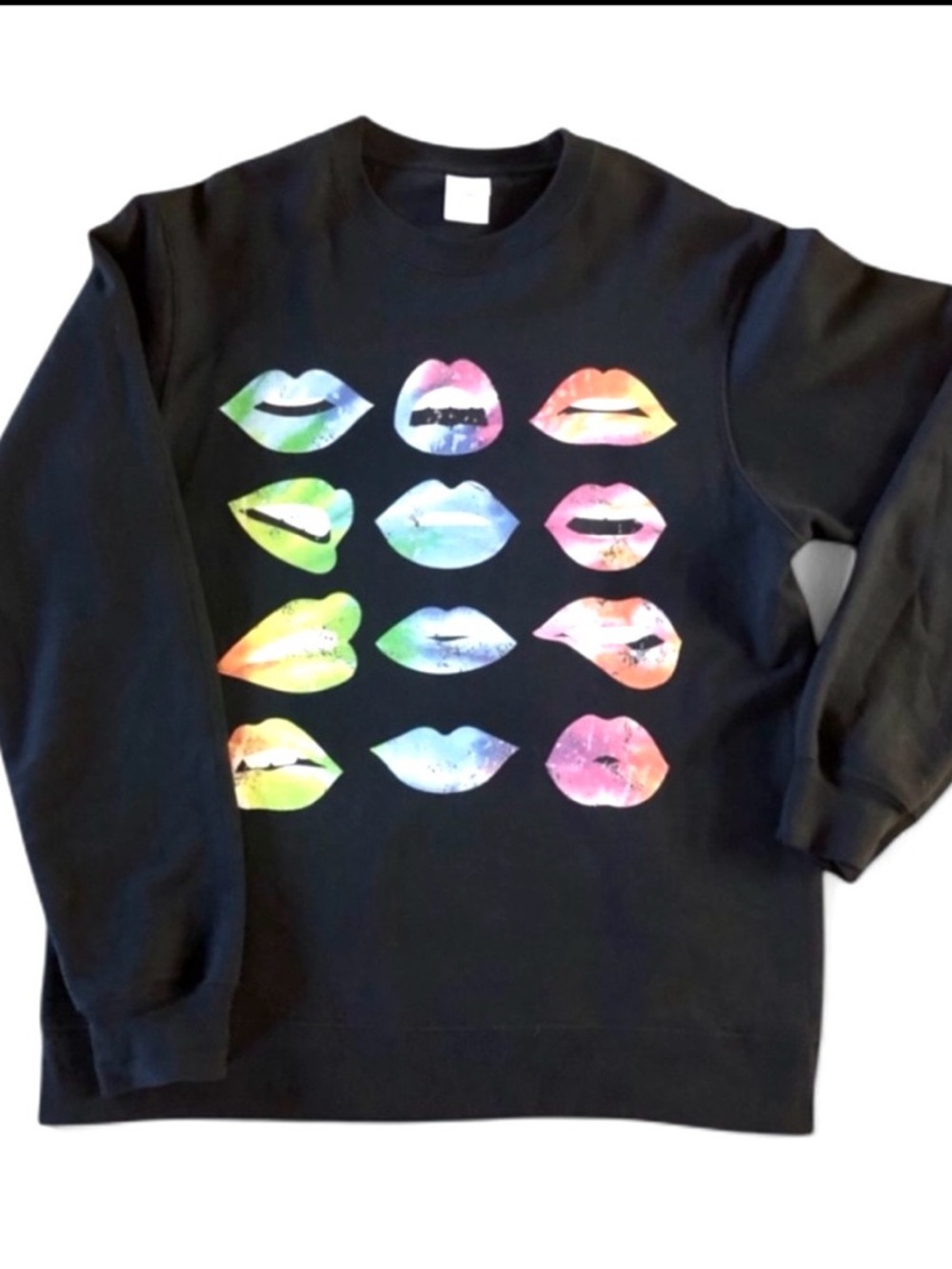 Retro Pop Art Lips Graphic Sweatshirt Medium Rainbow Watercolor Black Crewneck